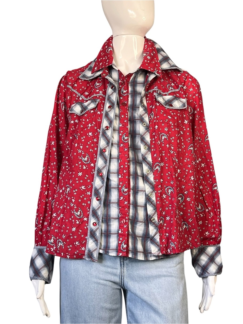 Requirements Vtg 90s Equestrian Ditsy Floral Plaid Double Front Western Shirt L